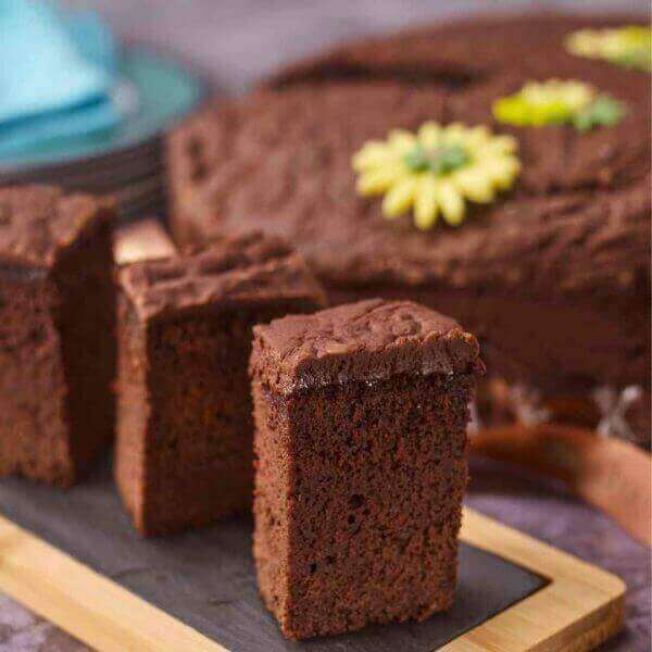 Gluten free chocolate cake cut into lovely chunks